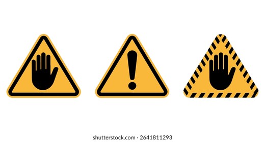 Warning Sign Vector Set – Stop Hand and Caution Icons – Triangle Safety Symbols