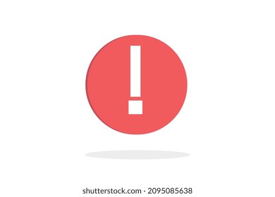 Signo de advertencia, signo de exclamación blanco en círculo rojo sobre fondo blanco con sombra abajo, ilustración moderna y tamaño del vector.