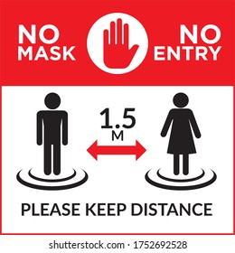 Warning sign without a face mask no entry and keep distance. Vector front door plate. 