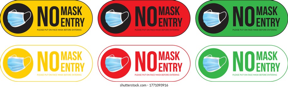 Warning sign without a face mask no entry and keep distance. Vector front door plate. 