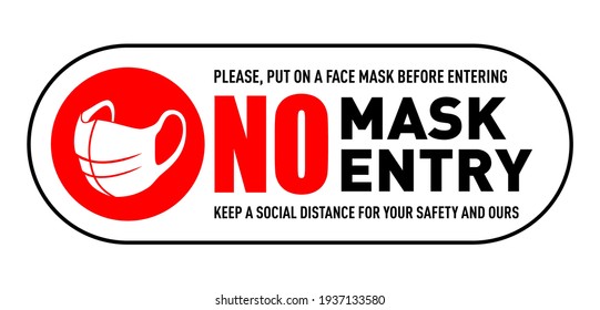 Warning sign without a face mask no entry and keep distance. Front door plate before entrance. Vector on transparent background