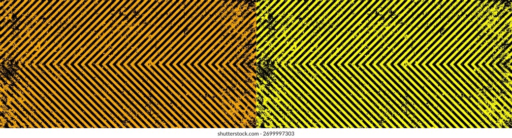 Señal de advertencia con líneas diagonales amarillas y negras. Símbolo de atención, peligro o precaución. Señalización de obras de construcción, aviso de seguridad vial, Anuncio de peligro, escudo de alerta de seguridad. Ilustración vectorial.