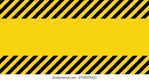 Warning sign with yellow and black diagonal lines. Attention, danger or caution symbol. Construction site signage, road safety notice, hazard banner, security alert shield. Vector illustration