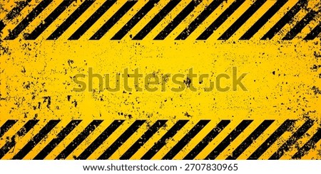 Warning sign with yellow and black diagonal lines. Attention, danger or caution symbol. Construction site signage, road safety notice, hazard banner, security alert shield. Vector illustration