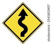 Warning sign. Yellow diamond warning sign with black winding arrow symbol. Curvy road ahead warning sign. Caution for drivers to prepare for winding or twisting road conditions. Traffic safety alert