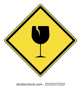 Warning sign. Yellow diamond warning sign with a cracked glass symbol. Fragile material warning. Handle with care attention sign. Caution, risk of breakage. Fragility hazard warning.