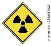 Warning sign. Yellow diamond warning sign with radiation symbol. Radioactive warning sign. Warning attention sign. Radiation hazard caution. Caution, risk of exposure to radiation.