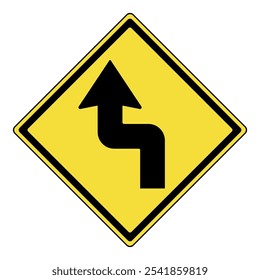 Warning sign. Yellow diamond warning sign with sharp left turn symbol. Indicates a left curve followed by a right turn ahead. Traffic caution sign for drivers.