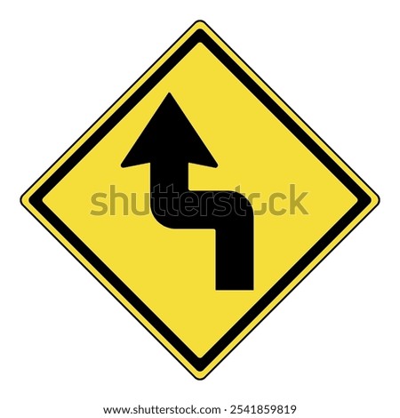 Warning sign. Yellow diamond warning sign with sharp left turn symbol. Indicates a left curve followed by a right turn ahead. Traffic caution sign for drivers.