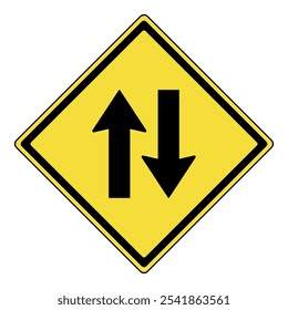 Warning sign. Yellow diamond warning sign with two-way traffic arrows symbol. Traffic flow caution sign. Warning attention sign. Caution, risk of opposing traffic ahead.