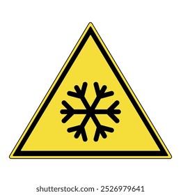 Warnzeichen. Gelbes Dreieck-Warnzeichen mit Symbol für kalte Oberflächenmarkierung. Schild mit kalter Oberfläche. Warnhinweis. Warnung bei kalter Oberfläche. Vorsicht, Frostgefahr. Vorsicht vor Eis oder Kälte.