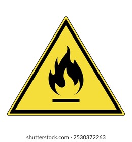 Warnzeichen. Gelbes Dreieck-Warnzeichen mit Flammensymbol. Feuerwarnzeichen. Vorsicht bei entzündlicher Gefährdung. Warnhinweis für brennbare oder brennbare Materialien. Vorsicht, Brandgefahr.