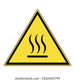 Sinal de aviso. Sinal de aviso de triângulo amarelo com símbolo de marca de superfície quente. Sinal de superfície quente. Sinal de atenção de aviso. Alerta de superfície quente. Cuidado, risco de queimaduras.