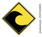 Warning sign. Yellow triangular warning sign with wave symbol. Tsunami warning sign. Warning attention sign. Flood hazard caution. Caution, risk of strong waves or flooding.