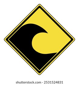 Sinal de aviso. Sinal de aviso triangular amarelo com símbolo de onda. Sinal de alerta de tsunami. Sinal de atenção de aviso. Cuidado com o risco de inundação. Precaução, risco de ondas fortes ou inundações.