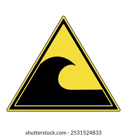 Señal de advertencia. Señal de advertencia triangular amarilla con símbolo de onda. Señal de advertencia de tsunami. Señal de atención de advertencia. Peligro de inundación, precaución. Precaución, riesgo de fuertes olas o inundaciones.