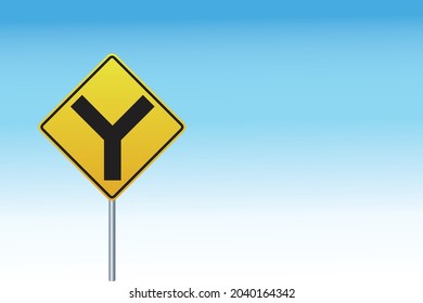 Signo de advertencia de Y-junction aislado en fondo azul,Signo de tráfico. Ilustración vectorial eps 10.