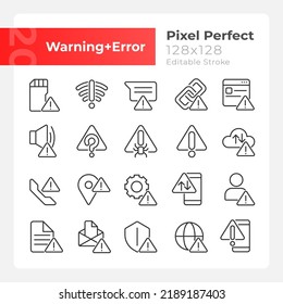 Warning signals pixel perfect linear icons set. Problem and issue. Electronic device breakage. Risk prevention. Customizable thin line symbols. Isolated vector outline illustrations. Editable stroke