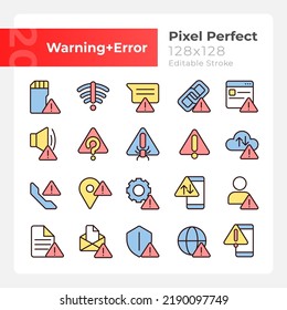 Warning signals pixel perfect RGB color icons set. Problem and issue. Isolated vector illustrations. Simple filled line drawings collection. Editable stroke. Montserrat Bold, Light fonts used