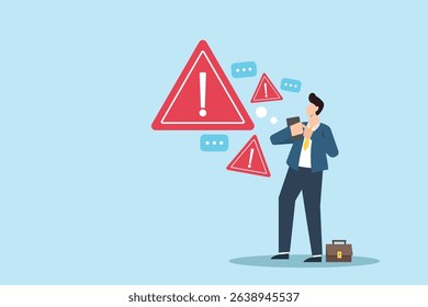 warning signs and alerts concept. Businessman Using Tablet with Warning Signs and Alerts in a Modern Digital Environment.