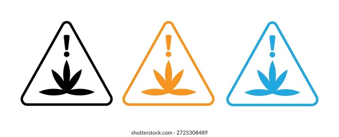 Sinais de aviso com folha de maconha e ponto de exclamação. Rótulo de precaução de cannabis. Sinal de aviso THC e CBD em estilo californiano.