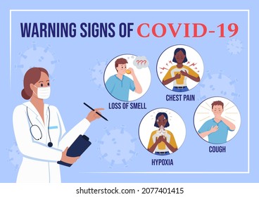 Warning signs of covid 19 poster flat vector template. Medical treatment. Brochure, booklet one page concept design with cartoon characters. Healthcare flyer, leaflet with copy space