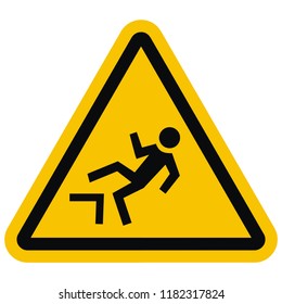 Warning signs. Danger of falling from a height. Yellow triangle board. Black silhouette of man. The male falls from a height. Isolated business object.