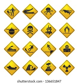 Warning Signs for dangers in sea, ocean, beach and rivers - vector icon set 1