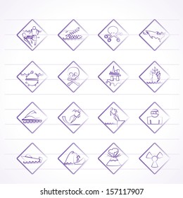 Warning Signs for dangers in sea, ocean, beach and rivers - vector icon set 1