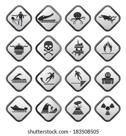 Warning Signs for dangers in sea, ocean, beach and rivers - vector icon set 1