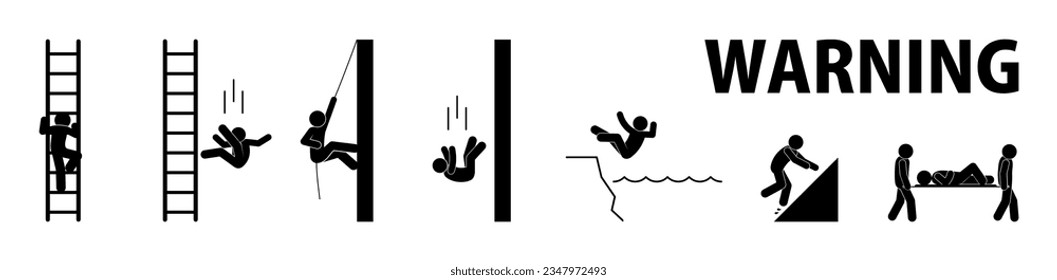 warning signs, falling from a height, accident icon, safety illustration, stick figure man