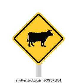 Warning signs of farm animals. Traffic safety signs are orange. Silhouette of buffalo farm animals