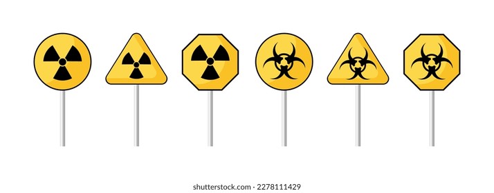 Signos de advertencia. Plano, amarillo, conjunto de signos, amenaza radiactiva, amenaza química. Ilustración del vector