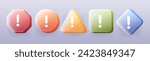 Warning signs glassmorphism style set. Different shapes and colors transparent alarm vector icons