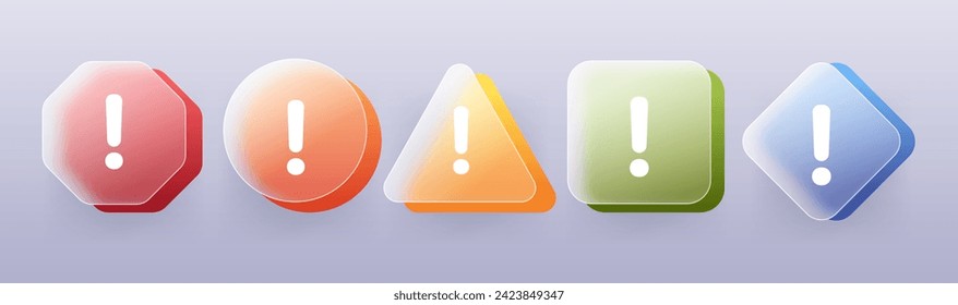 Warning signs glassmorphism style set. Different shapes and colors transparent alarm vector icons