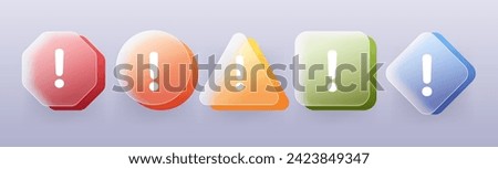 Warning signs glassmorphism style set. Different shapes and colors transparent alarm vector icons