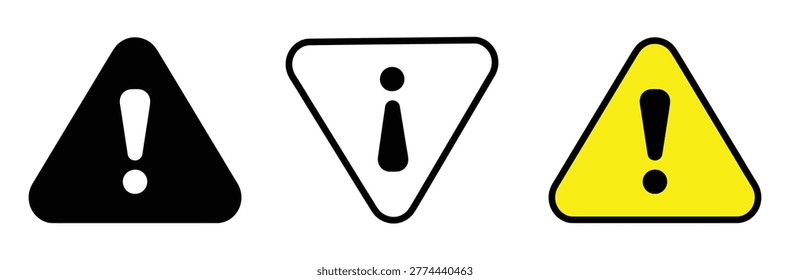 Warning signs icons set with exclamation marks in black, White and yellow on white background for alert and attention
