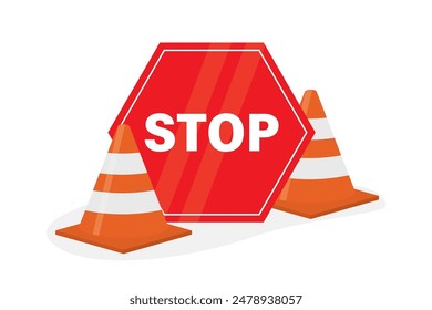 Warning signs on the highway. Way and passage is closed, red sign is stop. Traffic cones and road sign. Repair work. Design elements isolated on white background. Flat vector illustration