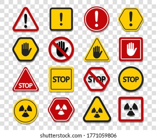 Warning signs on a transparent background. Do not touch, attention stop.