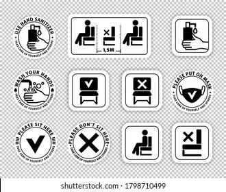 Warning signs on transparent background.. Keep distance between people. Do not sit here. Keep safe distance. Wash your hands