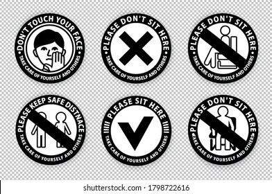 Warning signs on transparent background.. Keep distance between people. Do not sit here. Keep safe distance