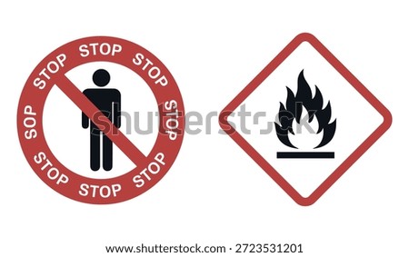 Warning signs for prohibited area and fire hazard