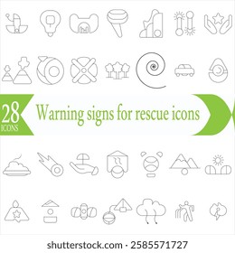 Warning signs for rescue from hurricane, tsunami, tornado, and storm thin black outline symbols vector illustration.