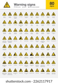 Warning signs, safety sign for industry and construction (toxic, electricity, radiation, optical radiation, high voltage, irritant, bio-hazard, flammable material)