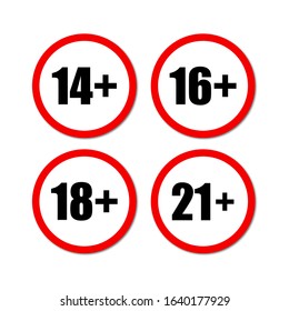 Warning signs. Set of age restriction signs in red circles. Age limit concept in white background.