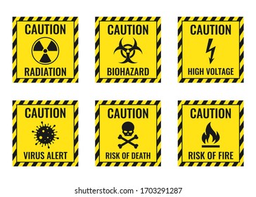 Warning signs set - danger, radiation, biohazard, death, voltage, flame, virus