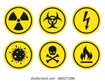 Warning signs set - danger, radiation, biohazard, death, voltage, flame, virus