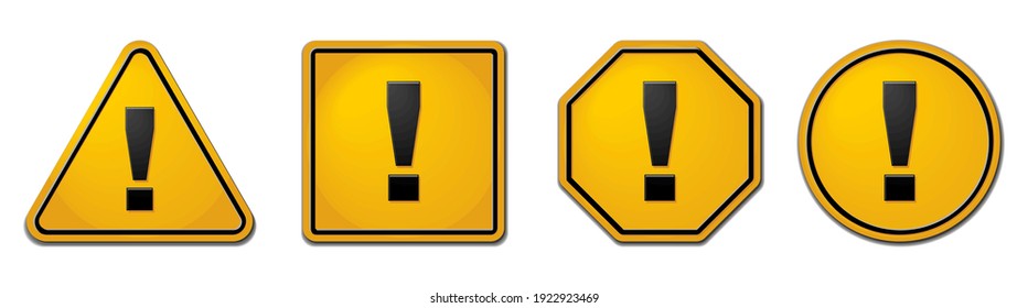 Warning signs set. Hazard attention sign with exclamation mark in different shapes in yellow. Realistic vector