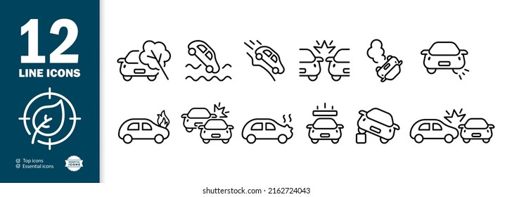 Warning Signs Set Icon. Fallen Tree, Serpentine, Cliff, Hole In The Road, Collision, Burning, Accident, Traffic Rules. Danger Concept. Vector Line Icon For Business And Advertising.