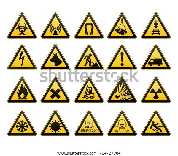 Warning signs set. Safety in \
workplace. Yellow triangle with  black image. Vector\
illustration.